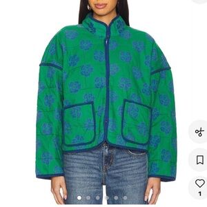 Free People Chloe Quilted Dolman Jacket in Green and Blue Floral